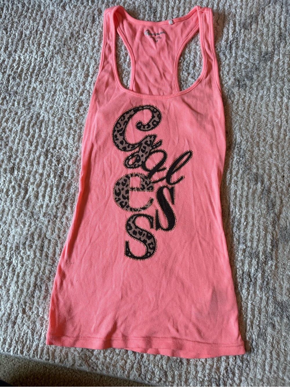 Guess Neon Coral Ribbed Racerback Tank with Leopard Logo